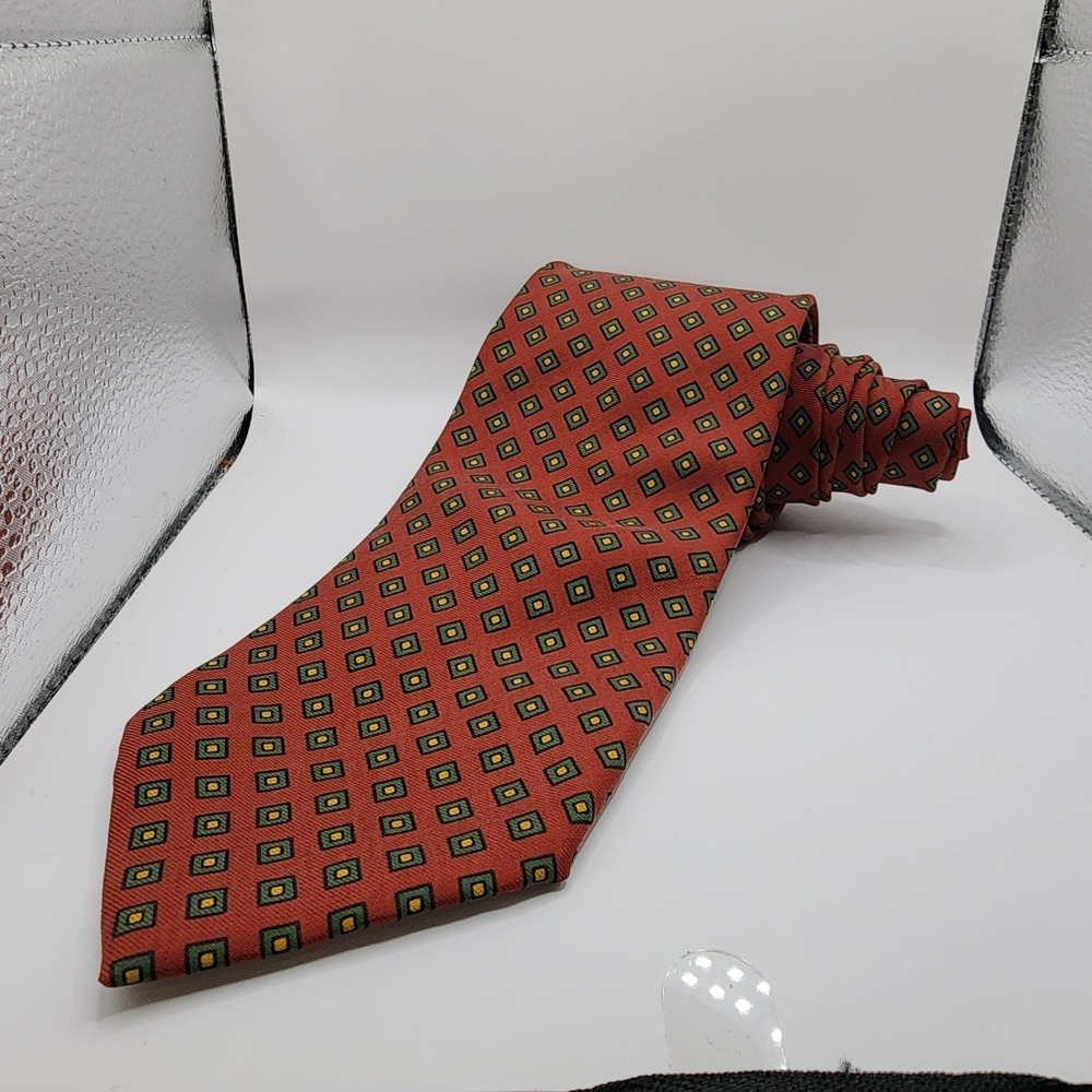 Polo Ralph Lauren Silk Tie Mens Rust Red Geometric Diamond Made In Italy 59x3.5